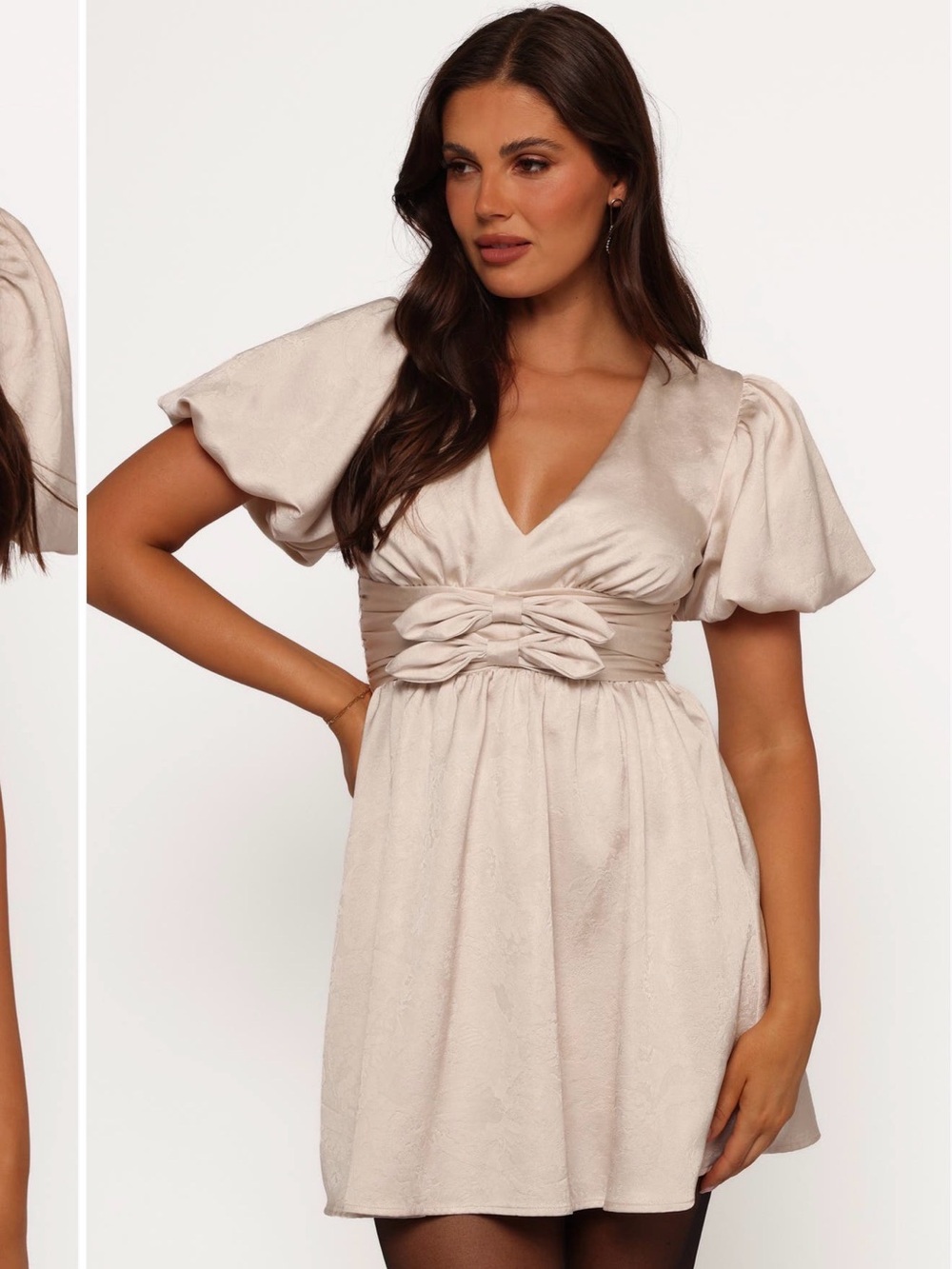 Petal & Pup Light Beige V-Neck Puff Sleeve Mini Dress